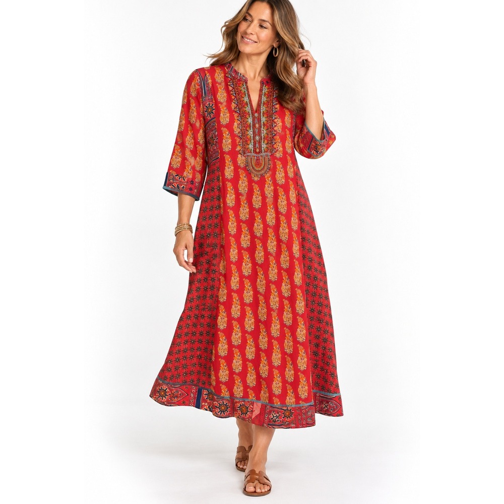 Soft Surroundings Phoenix Midi Dress Red Embroidered Beaded Size M NWT